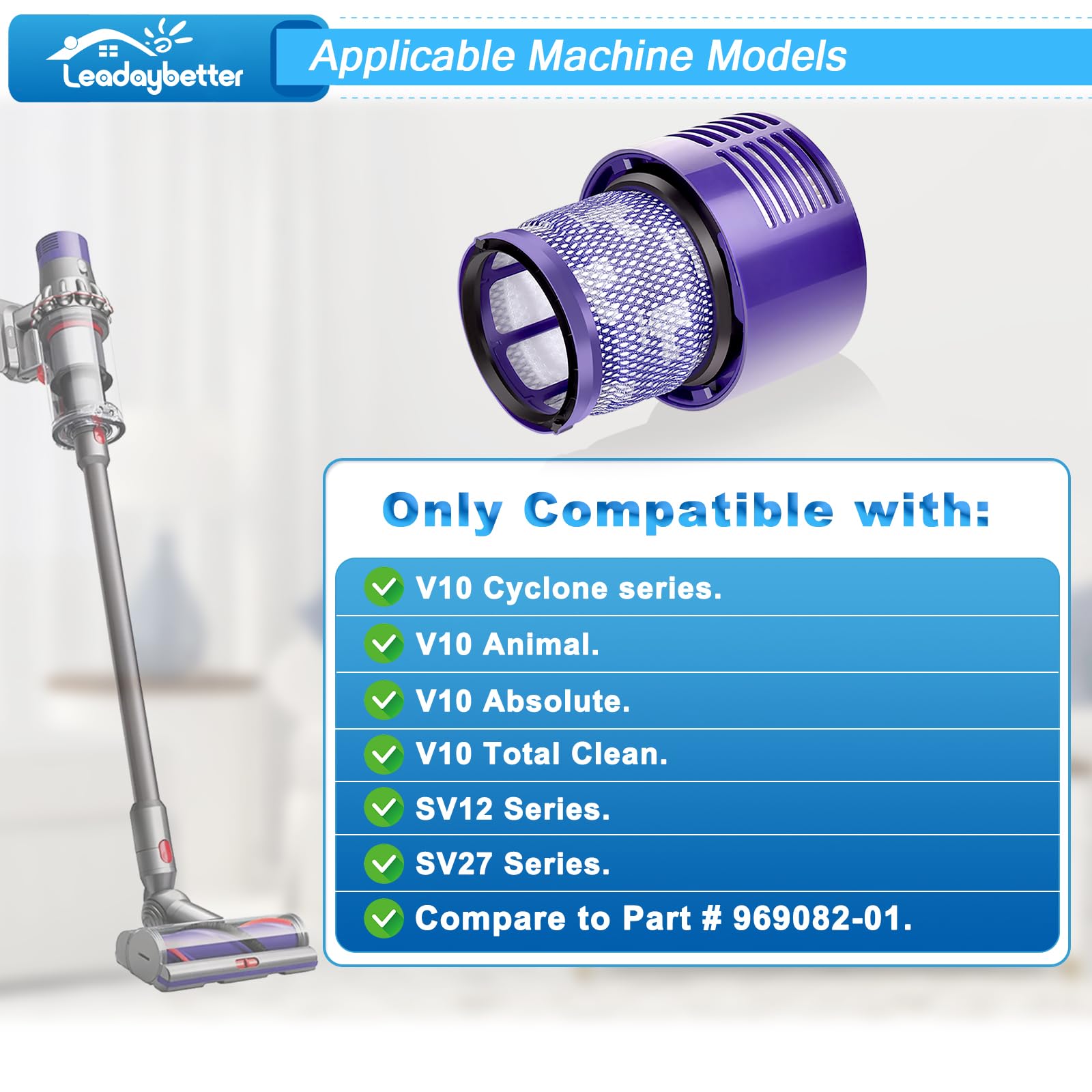 Leadaybetter Vacuum Filter Replacement for Dyson V10 Cyclone Animal Absolute Motorhead Total Clean, SV12, SV27, Replaces Part No. 969082-01 (2 Pack Filters and 1 Clean Brush) - Available at All In One Marketplace Canada