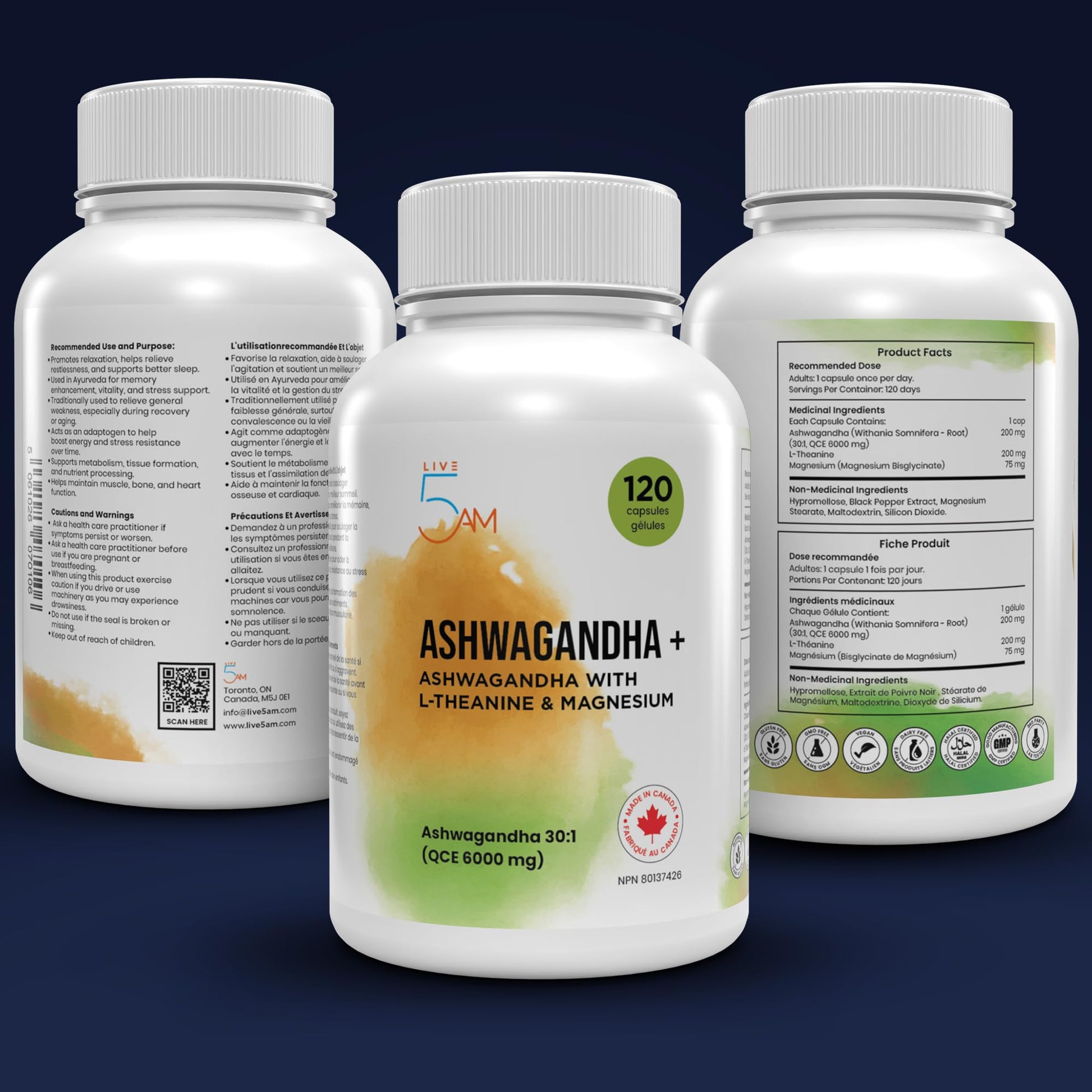 Live 5AM Ashwagandha 6000mg with L-Theanine 200mg, Magnesium Bisglycinate 75mg & Black Pepper Extract - Relaxation, Stress & Restlessness Support - 4 Month Supply, 120 Capsules - Made in Canada - Available at All In One Marketplace Canada