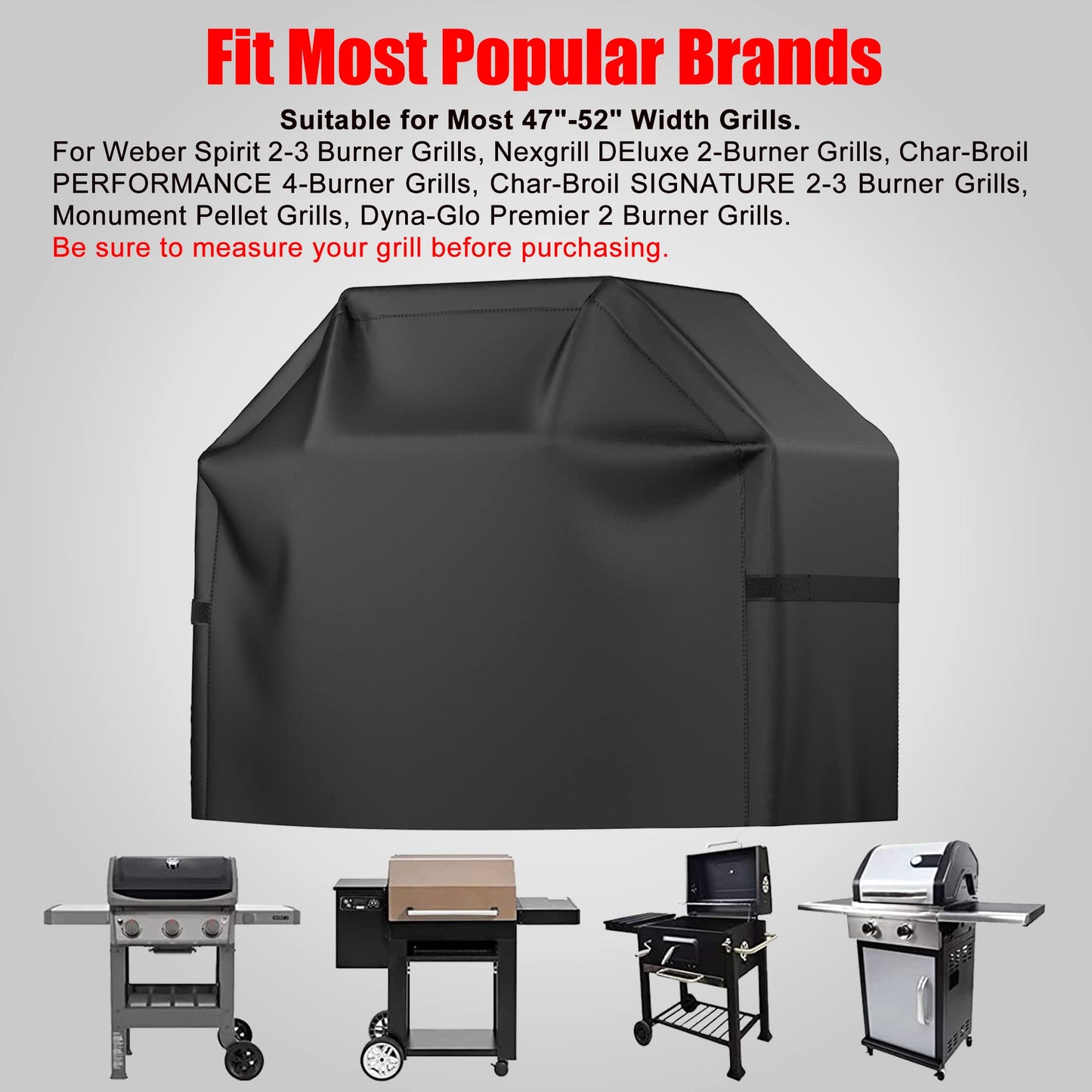 Grill Cover, 52 inch BBQ Gas Grill Cover Waterproof Weather Resistant, UV and Fade Resistant, UV Resistant Material for Weber Char-Broil Nexgrill Grills and More, Black