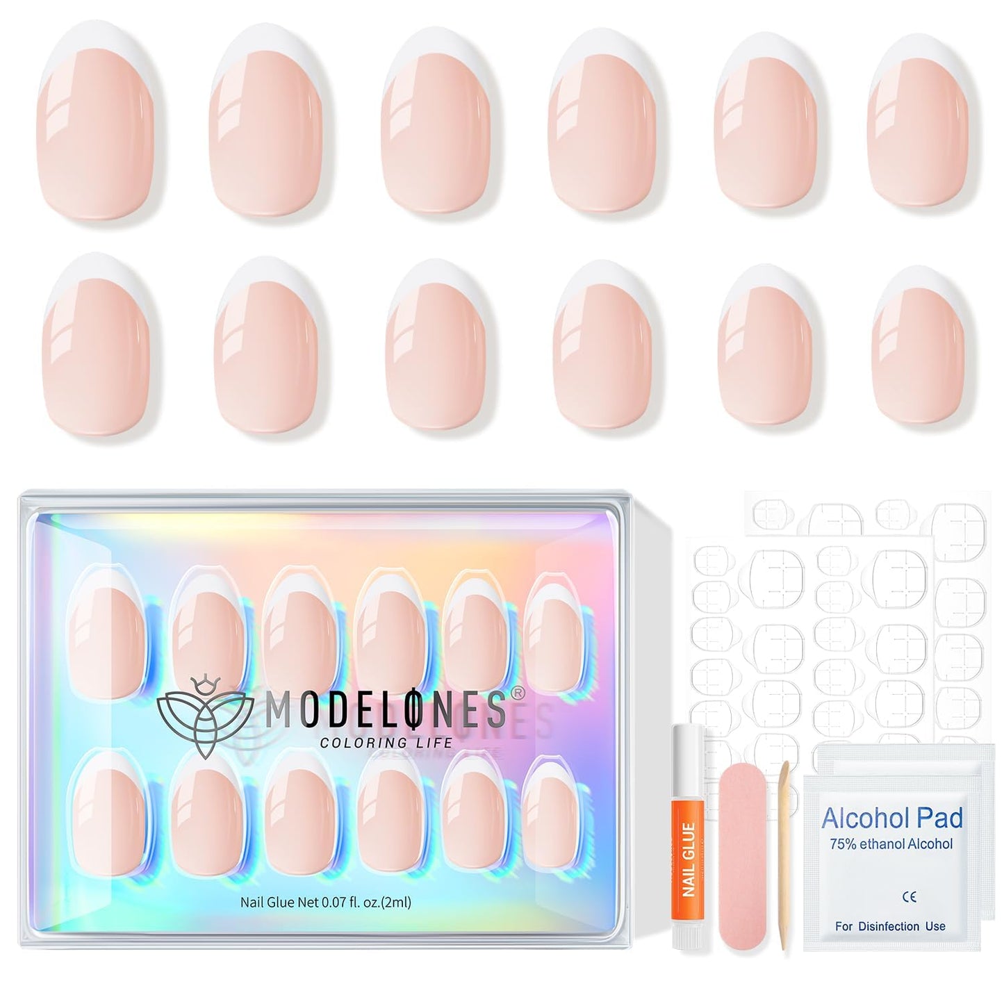 Modelones French Tip Press On Nails, Short Oval Fake Nails Press Ons with Nail Glue, Adhesive Tabs, Nail File, Prep Pad, Manicure Stick, 32Pcs 16 Sizes, Nude, Valentines