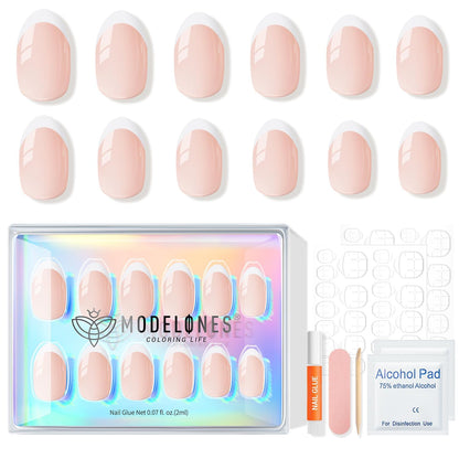 Modelones French Tip Press On Nails, Short Oval Fake Nails Press Ons with Nail Glue, Adhesive Tabs, Nail File, Prep Pad, Manicure Stick, 32Pcs 16 Sizes, Nude, Valentines