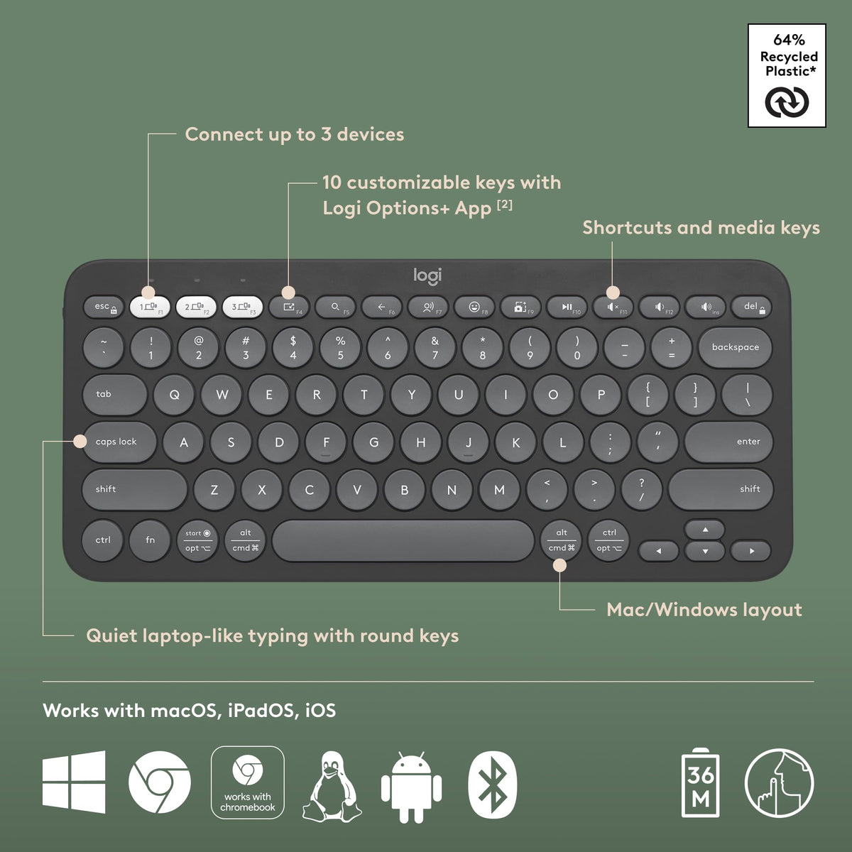 Logitech Pebble Keys 2 K380s Wireless Bluetooth Keyboard - Tonal Graphite
