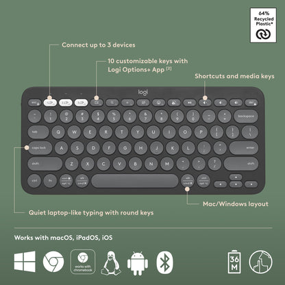 Logitech Pebble Keys 2 K380s Wireless Bluetooth Keyboard - Tonal Graphite