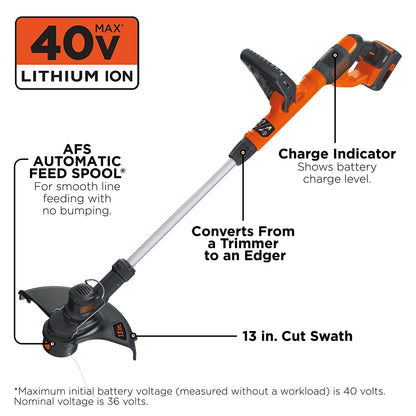 BLACK+DECKER 40V MAX String Trimmer and Edger Kit, Cordless, 13 inch, 2-in-1, Battery and Charger Included (LST140C) - Available at All In One Marketplace Canada