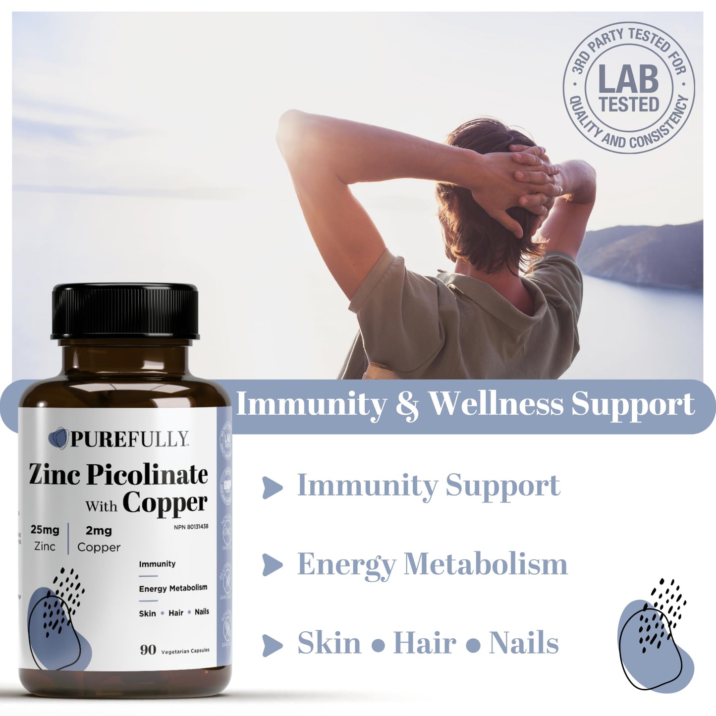 PUREFULLY Zinc Picolinate 25mg with Copper 2mg Capsules - Multi-Mineral Zinc with Copper Supplement for Immune Support - Vegan, Gluten Free (90 capsules) - Available at All In One Marketplace Canada