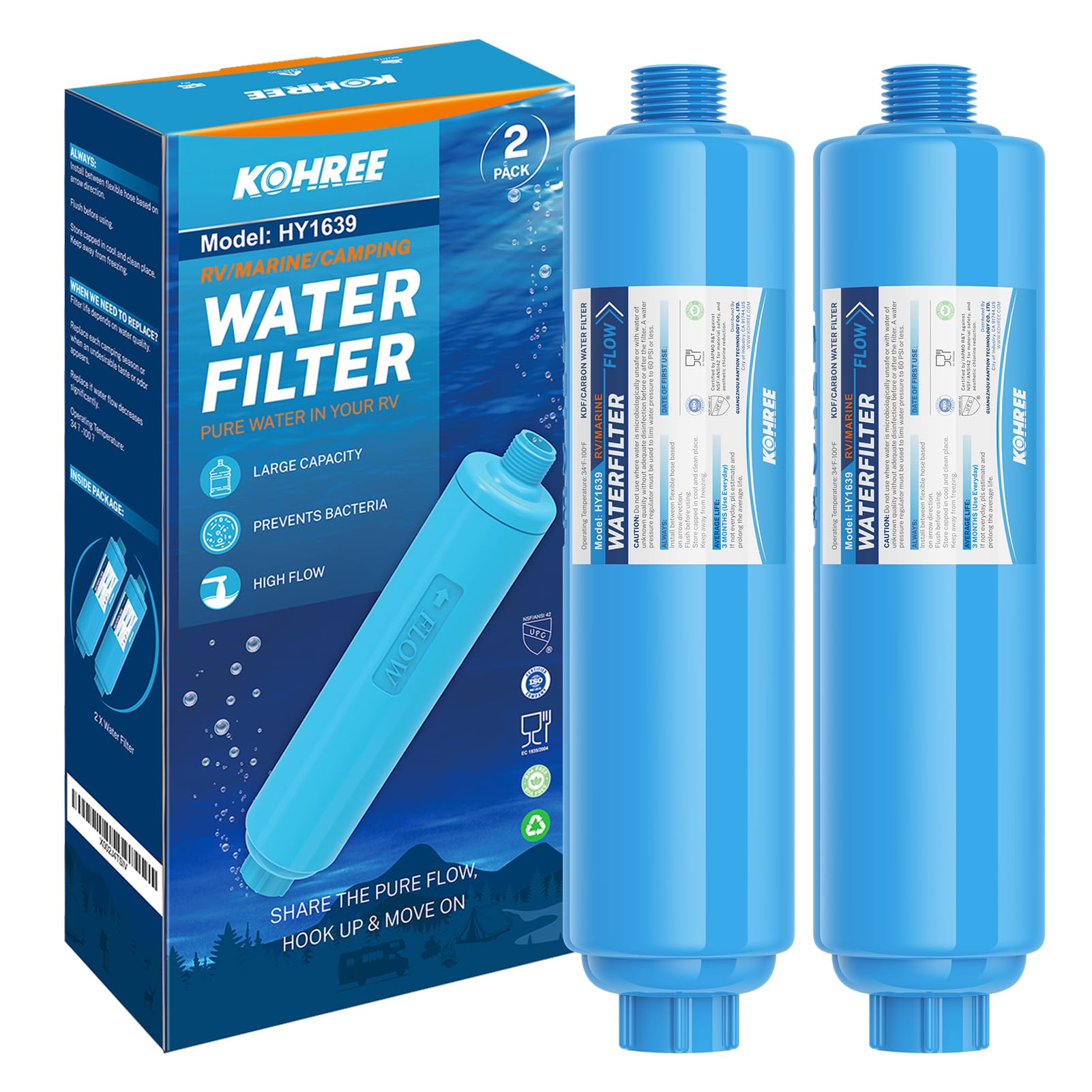 Kohree RV Water Filter, NSF Certified Inline Water Filter, BPA Free, 2 Pack Kohree