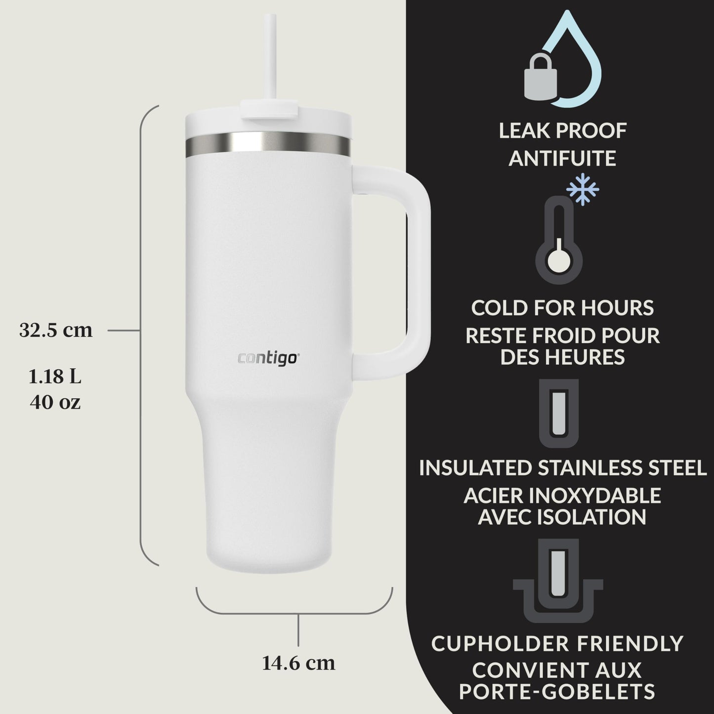 Contigo Streeterville Tumbler, 40 oz (1.18 L), Insulated Stainless Steel Water Bottle with Straw and Leak-Proof Lid, Salt Contigo