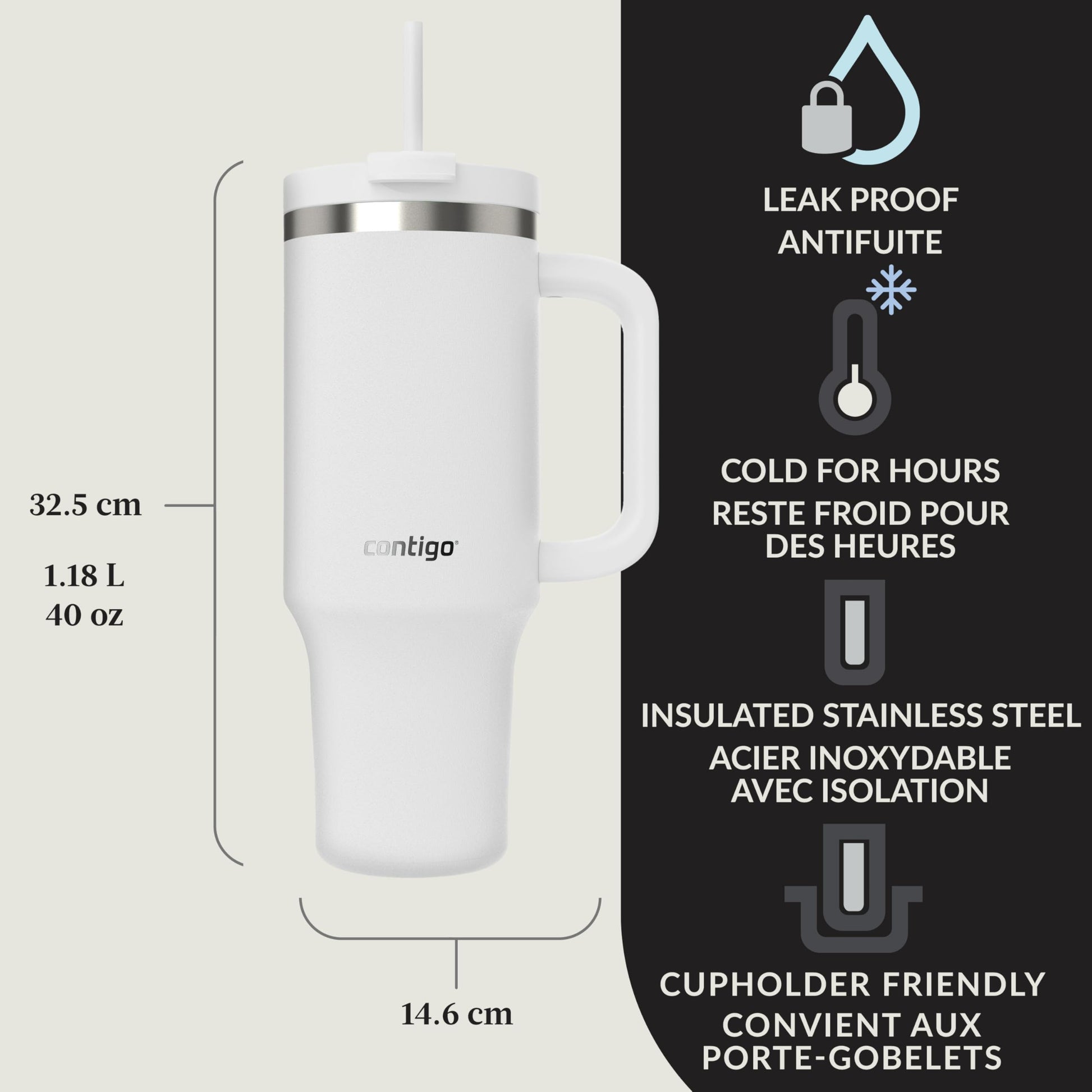 Contigo Streeterville Tumbler, 40 oz (1.18 L), Insulated Stainless Steel Water Bottle with Straw and Leak-Proof Lid, Salt Contigo