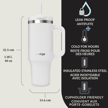 Contigo Streeterville Tumbler, 40 oz (1.18 L), Insulated Stainless Steel Water Bottle with Straw and Leak-Proof Lid, Salt Contigo