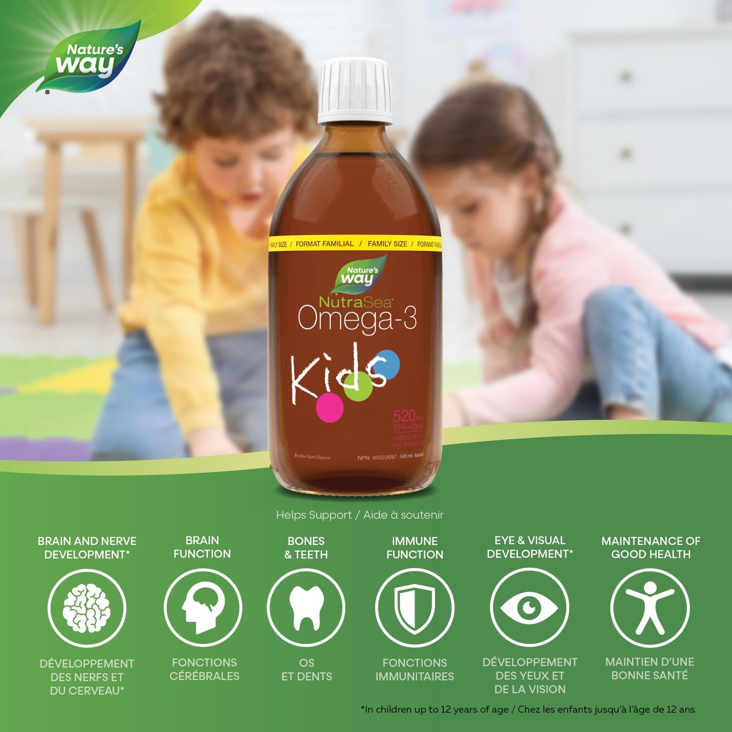 Nature's Way NutraSea Kids Omega 3 Fish Oil Liquid Supplement for Kids Ages 1 to 14 – Bubblegum Flavour – Brain & Eye Development – EPA & DHA, 500 mL Value Size - Available at All In One Marketplace Canada
