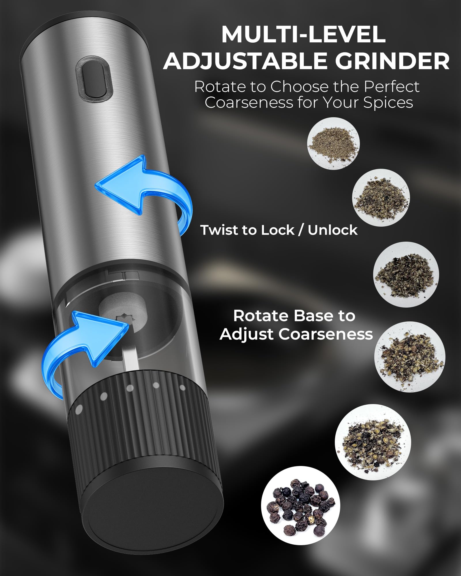 Salt and Pepper Grinder Set, Automatic Salt and Pepper Grinder, USB-C Rechargeable with 5 Adjustable Coarseness, One Hand Operation - Available at All In One Marketplace Canada