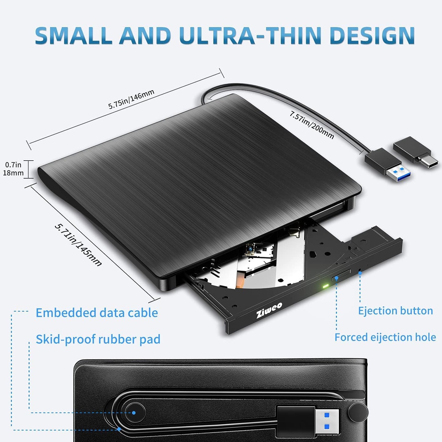 External CD DVD Drive, Portable USB 3.0 Type-C CD Burner CD +/-RW Drive DVD Player for ROM Rewriter Burner Compatible with Laptop Desktop PC Windows MacBook Linux Mac OS