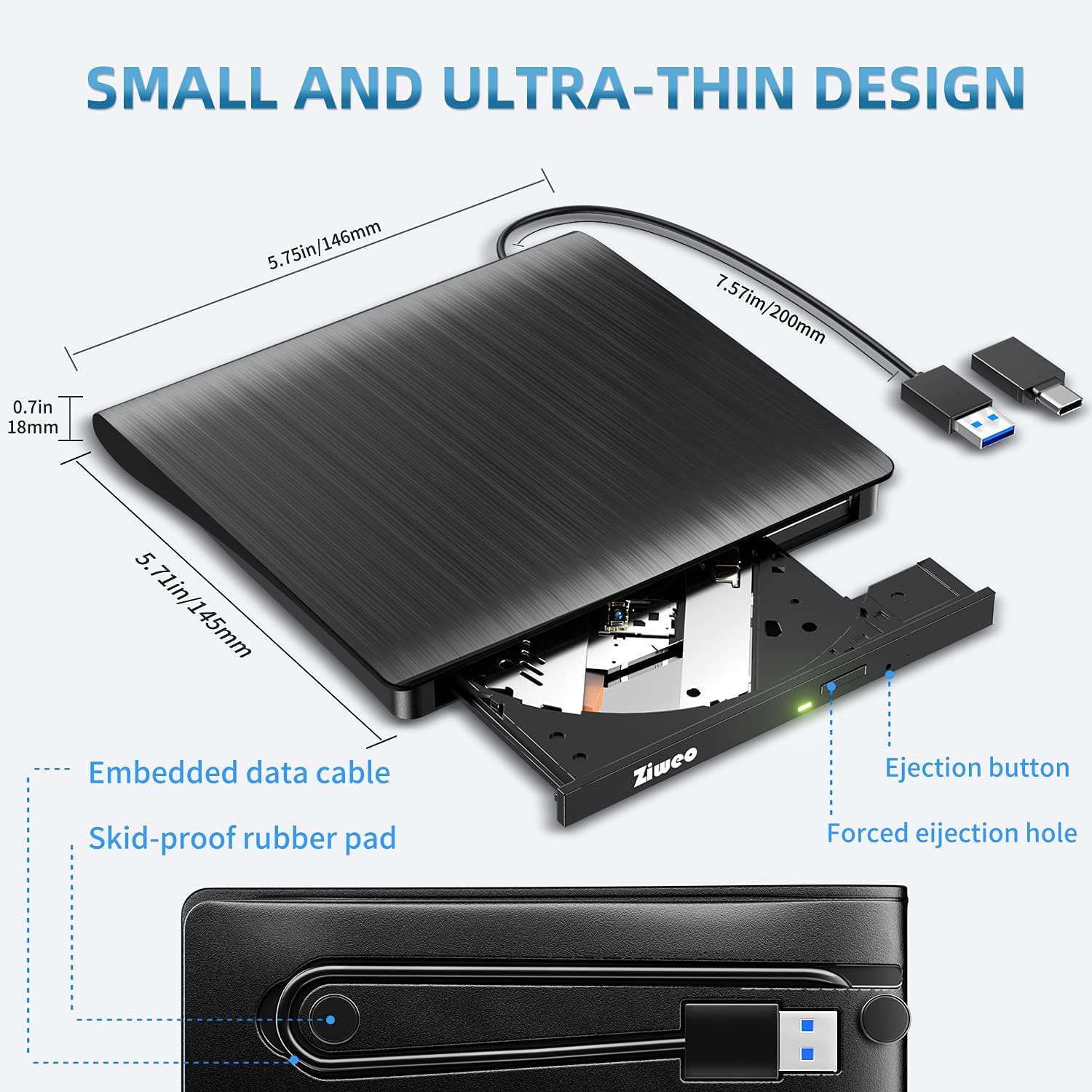 External CD DVD Drive, Portable USB 3.0 Type-C CD Burner CD +/-RW Drive DVD Player for ROM Rewriter Burner Compatible with Laptop Desktop PC Windows MacBook Linux Mac OS