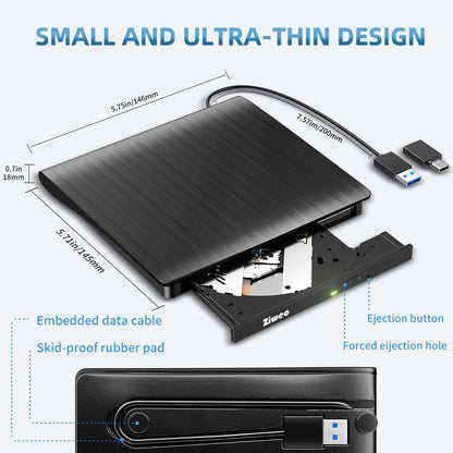 External CD DVD Drive, Portable USB 3.0 Type-C CD Burner CD +/-RW Drive DVD Player for ROM Rewriter Burner Compatible with Laptop Desktop PC Windows MacBook Linux Mac OS