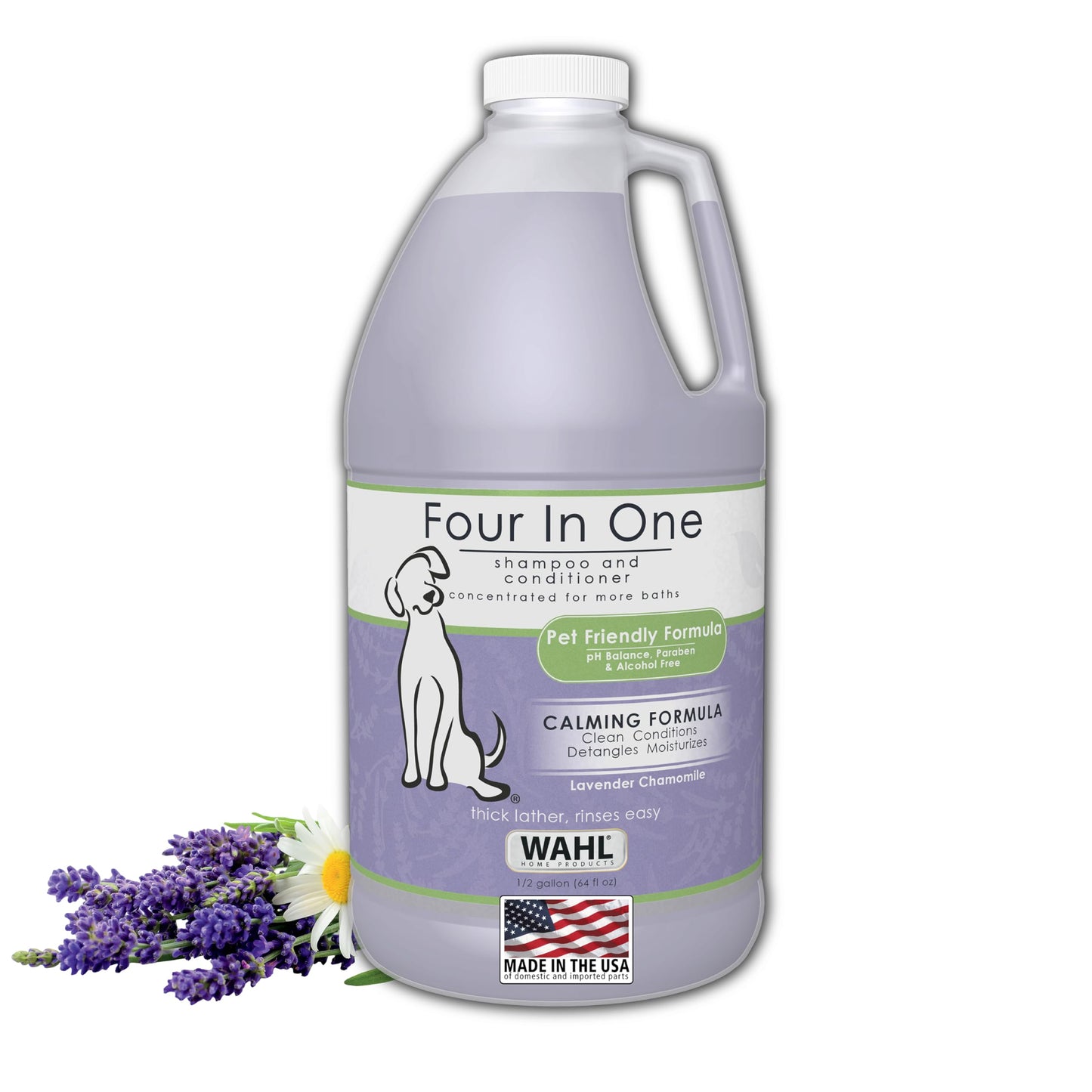 Wahl USA 4-in-1 Calming Pet Shampoo for Dogs with a Lavender Chamomile Scent – Cleans, Conditions, Detangles, & Moisturizes - Pet Friendly Formula – 64 Oz - Model 821000-050 Wahl
