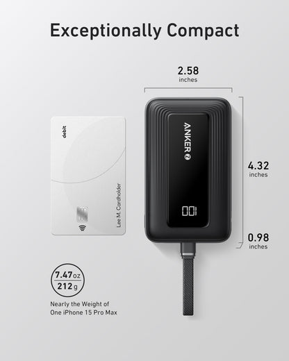 Anker Portable Charger, 10,000mAh 30W Power Bank, USB-C in and Out Fast Charging Battery Pack, Travel Essential Phone Power Bank, for iPhone 17/16, Galaxy and More (Black, 10000.00, Milliamp Hours)