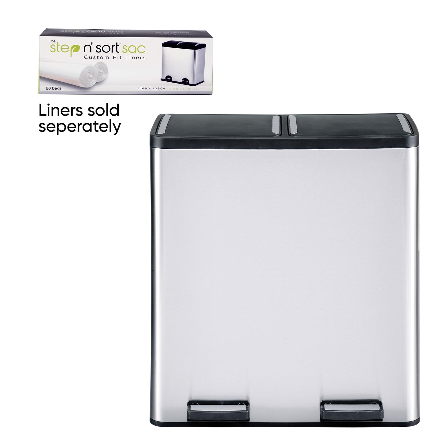 The Step N' Sort 18.5 Gallon Extra Large Capacity, Soft-Step, Dual Trash and Recycling Bin with Removable Inner Bins. Silver Step N' Sort