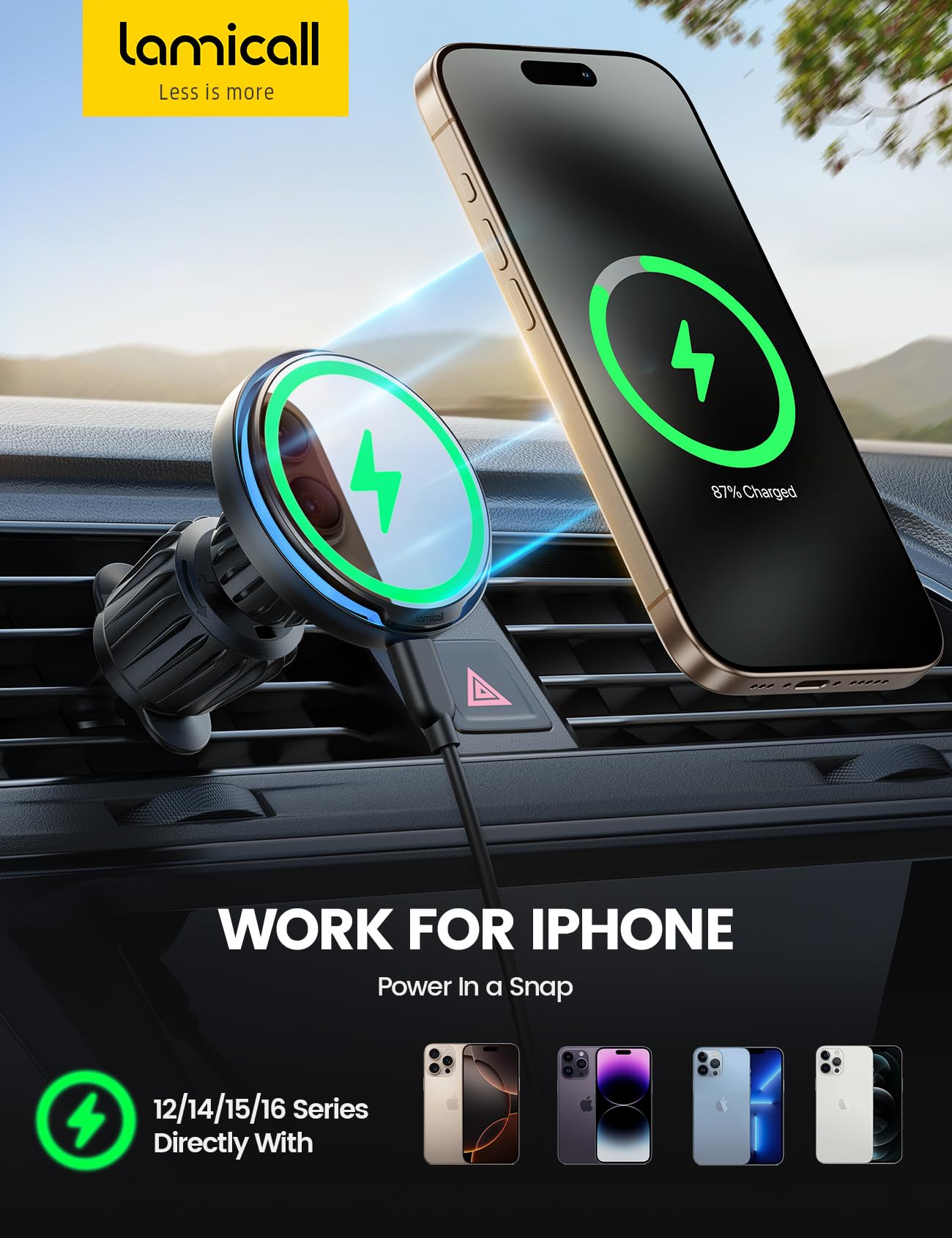 Lamicall for MagSafe Car Mount Charger - [Ultra Magnet] 15W Wireless Car Phone Holder Charger - HandsFree Magnetic Phone Holders for Your Car Vent for iPhone 17 16 15 14 13 Pro Max Handlebar, Mom Gift - Available at All In One Marketplace Canada