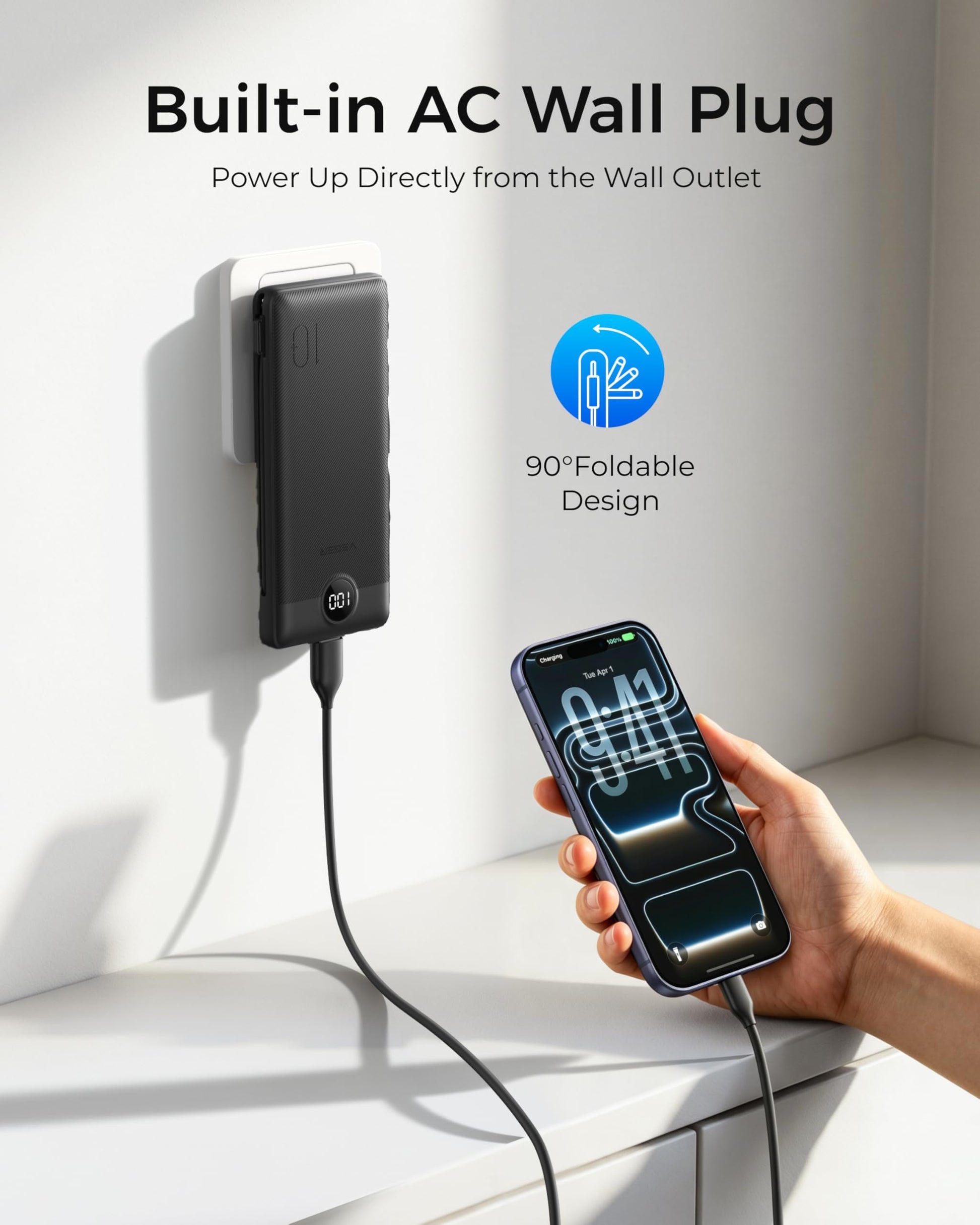 VEGER Portable Charger for iPhone Built in Cables and Wall Plug, 10000mah Slim Fast Charging USB C Power Bank, Travel Essential Battery Pack Compatible with iPhones, iPad, Samsung More Devices(Black) - Available at All In One Marketplace Canada