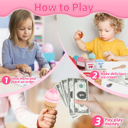 Melofaver Wooden Ice Cream Play Set, Pretend Play Ice Cream Toys for Kids 🍁 All In One Marketplace Canada