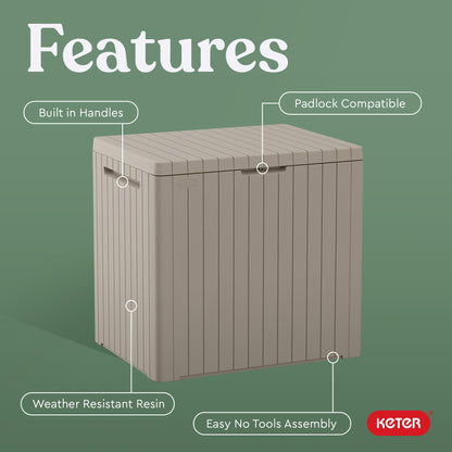 Keter City 30 Gallon Resin Outdoor Storage Box and Patio Furniture Side Table for Pool and Garden Accessories, Beige Keter