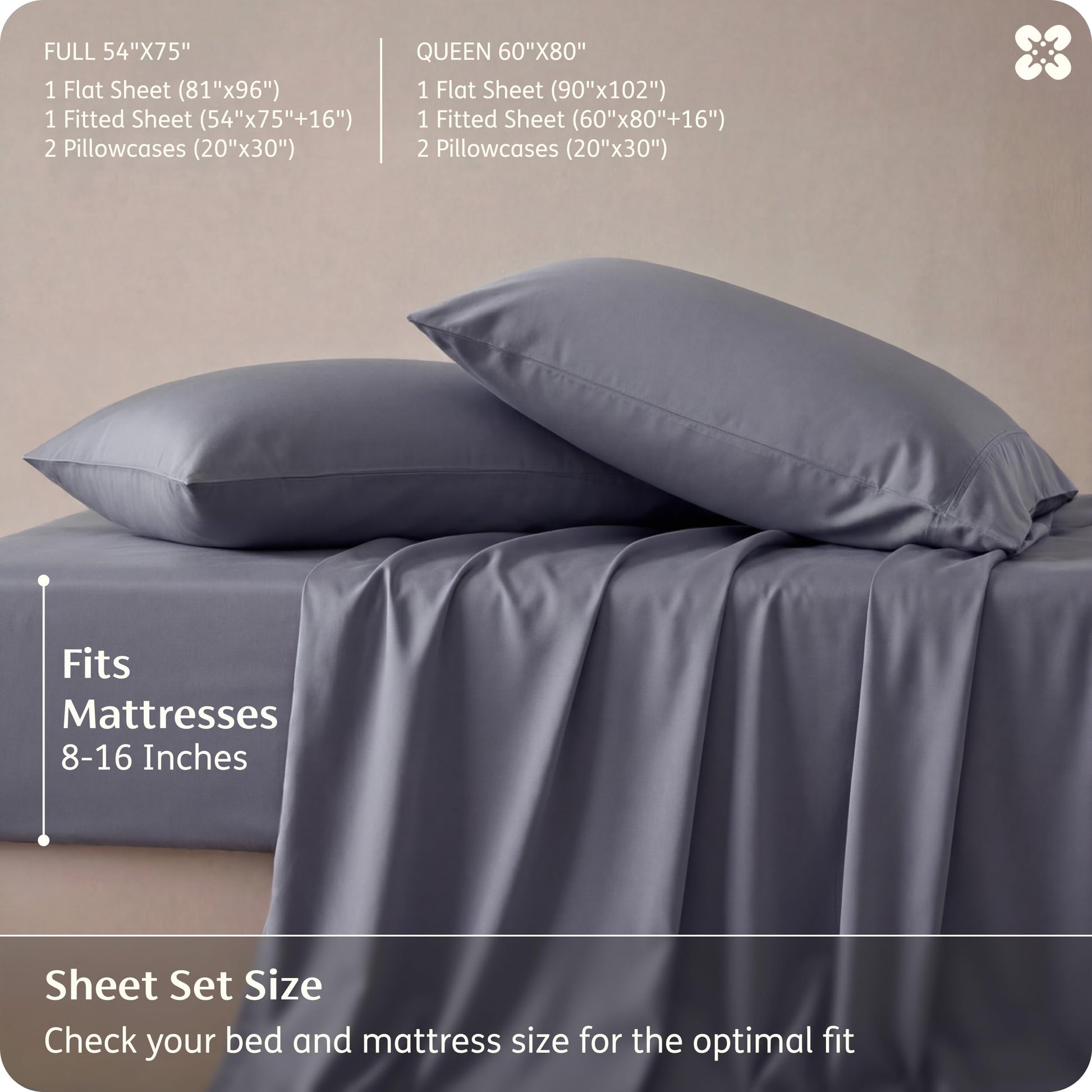 Bedsure 100% Rayon Bamboo Sheets Queen Size Set, Dark Grey