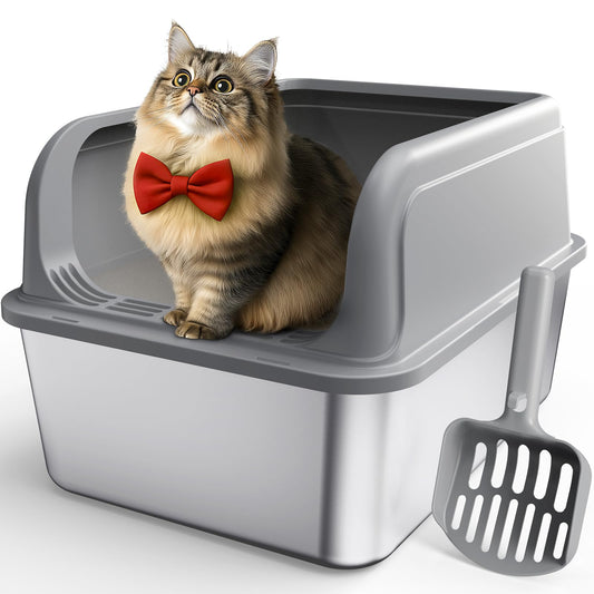 Powools Stainless Steel Cat Litter Box for Kittens, Metal Kitty Litter Box with Scoop, Anti-Leakage Top Entry, Non-Sticky, Easy to Clean, Grey, M (1 Pack) - Available at All In One Marketplace Canada