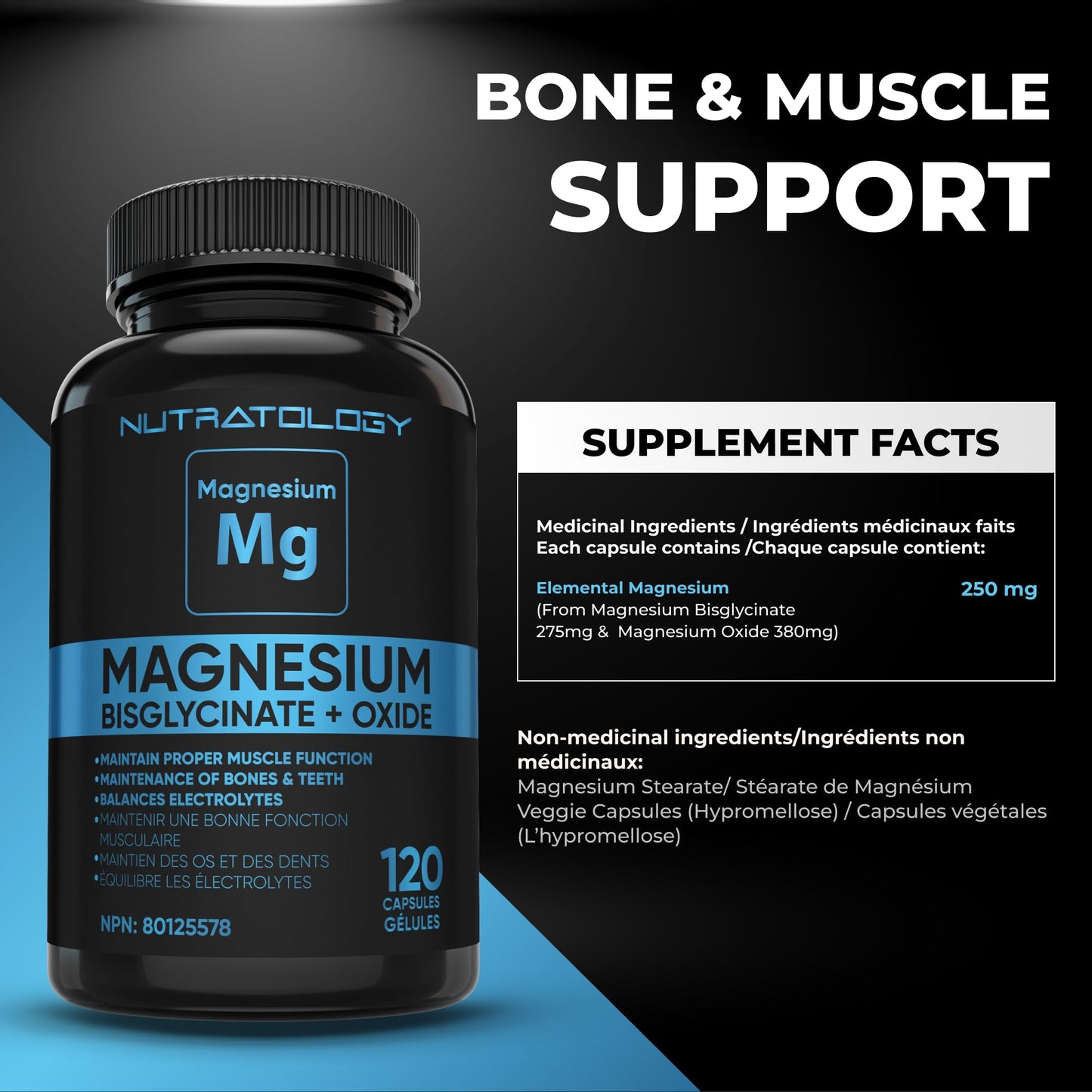 Nutratology® Magnesium Bisglycinate + Oxide | Canadian-Made | Relaxes Muscles, Improves Sleep Quality, Maintains Proper Muscle Functions & Enhances Bone Density | 250MG Per Capsule | 120 Capsules
