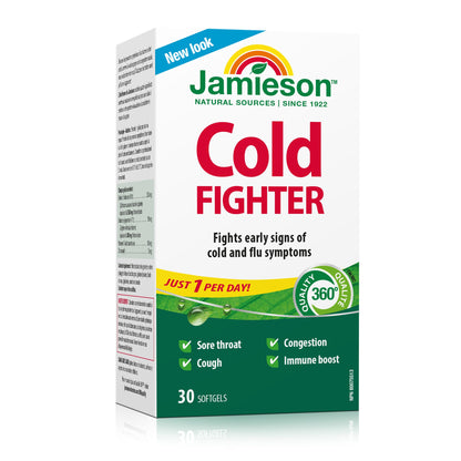 Jamieson Cold Fighter Softgels, for Adults and Adolescents (10+). Helps Fight Early Signs of Colds and Improves Cold Symptoms. With Ginger for Nausea Relief, Non-GMO, Gluten-Free, 30 Count
