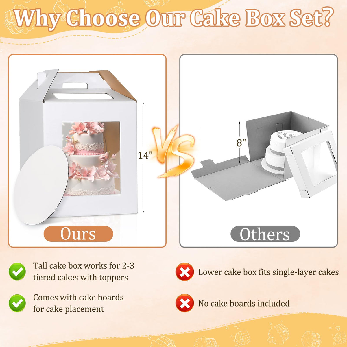 3 Pack Tall Cake Box for Tier Cake with Cake Board, 12 x 12 x 14 Inch Large Tiered Cake Carriers with Clear Windows & Handle, Disposable Bakery Take Out Transport Container for Birthday Wedding Party 🍁 All In One Marketplace Canada