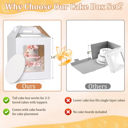 3 Pack Tall Cake Box for Tier Cake with Cake Board, 12 x 12 x 14 Inch Large Tiered Cake Carriers with Clear Windows & Handle, Disposable Bakery Take Out Transport Container for Birthday Wedding Party 🍁 All In One Marketplace Canada