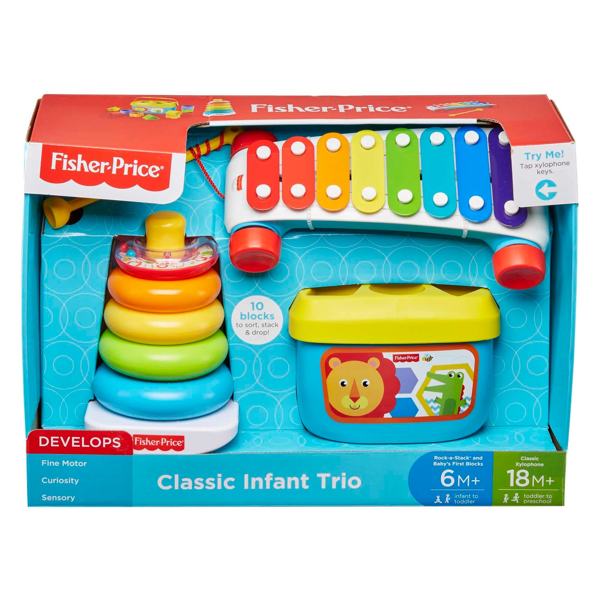 Fisher-Price Classic Infant Trio, toy set of three baby toys for stacking, sorting and musical play - Available at All In One Marketplace Canada