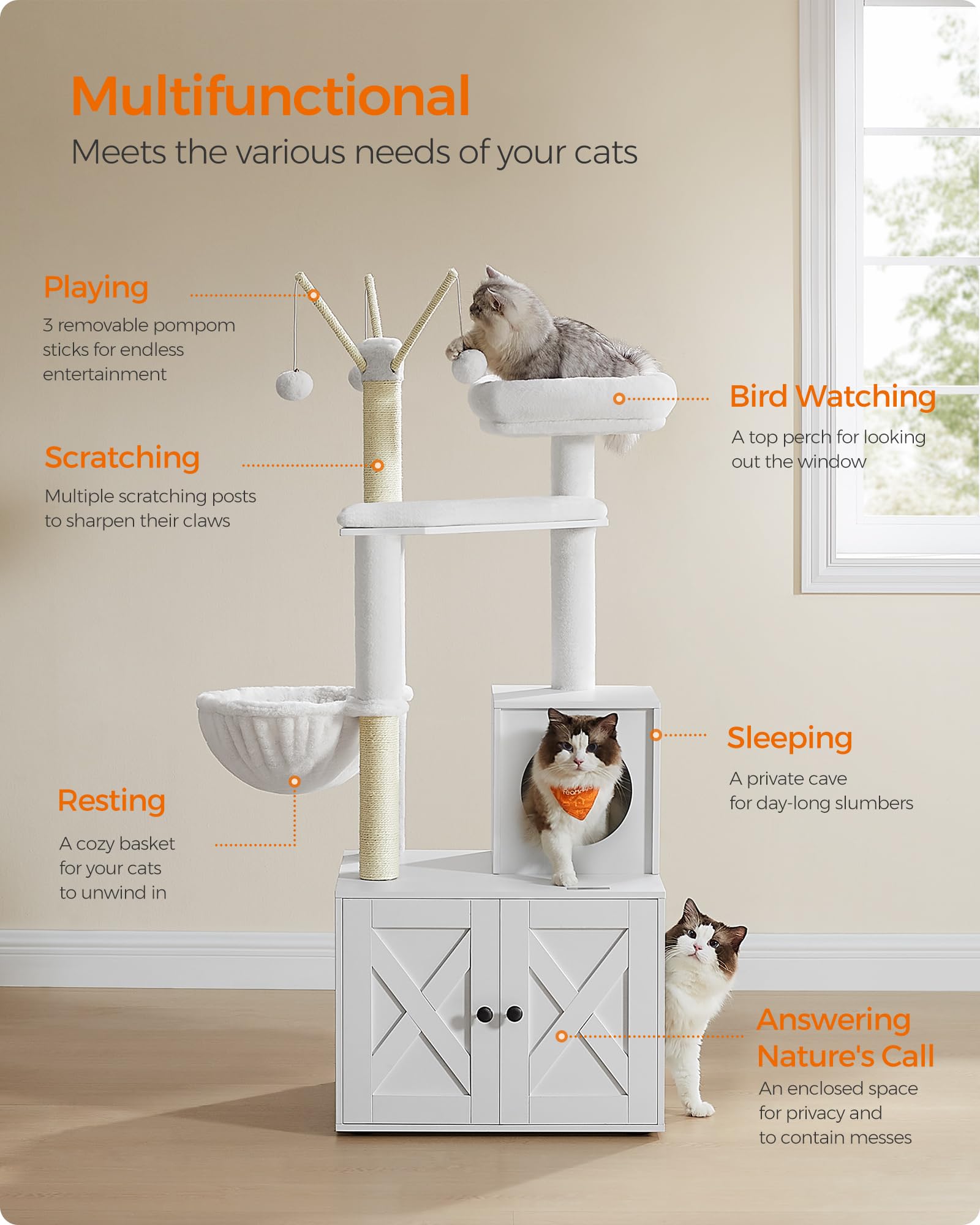 Feandrea WoodyWonders Cat Tree with Litter Box Furniture Hidden Enclosure, 2-in-1 Modern Tower, Cat Condo with Scratching Posts, Removable Pompom Sticks, Cloud White UPCT113W01 Feandrea