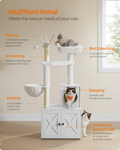 Feandrea WoodyWonders Cat Tree with Litter Box Furniture Hidden Enclosure, 2-in-1 Modern Tower, Cat Condo with Scratching Posts, Removable Pompom Sticks, Cloud White UPCT113W01 Feandrea