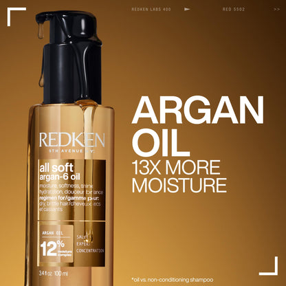 Redken All Soft Argan-6 Multi-benefit Oil, Adds Moisture to dry hair, Softness and Shine, Heat Protection, Protects Color Vibrancy, Reduces Frizz, 100mL