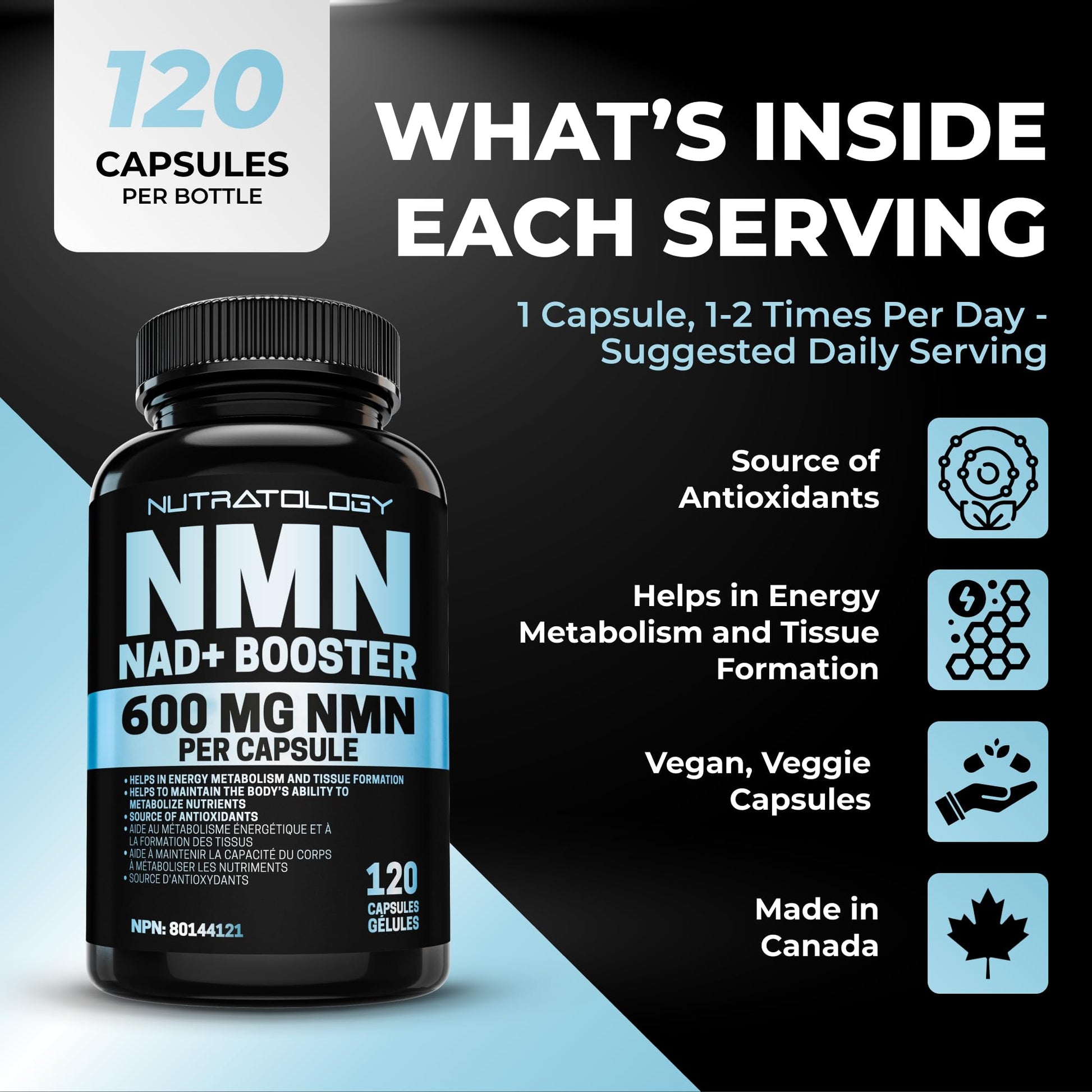 Nutratology® NMN Supplement - 1200 mg Per Serving - NAD+ Booster - Made In Canada - Premium 99% Purity - Protects Cellular Health & Supports Healthy Aging - 120 Capsules