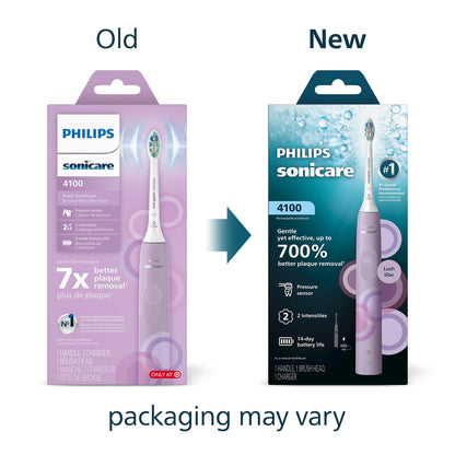 Philips Sonicare 4100 Electric Toothbrush, Sonic Toothbrush with Two Intensity Levels, Pressure Sensor and Timer, Lush Lilac Prismatic, Model HX3689/24