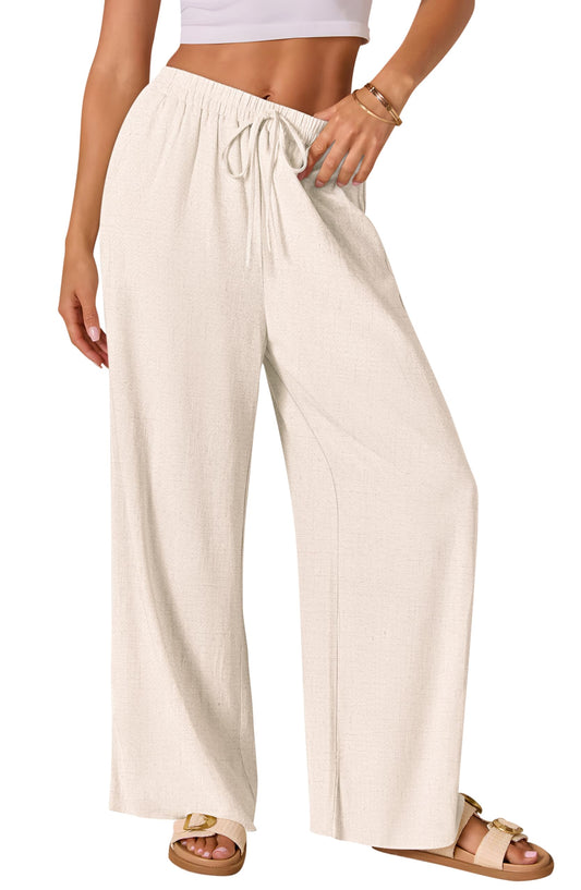 AISEW Women's Cotton Linen Palazzo Pants Drawstring Elastic Waist Casual Wide Leg Long Lounge Trousers with Pockets (Beige, 7031M)