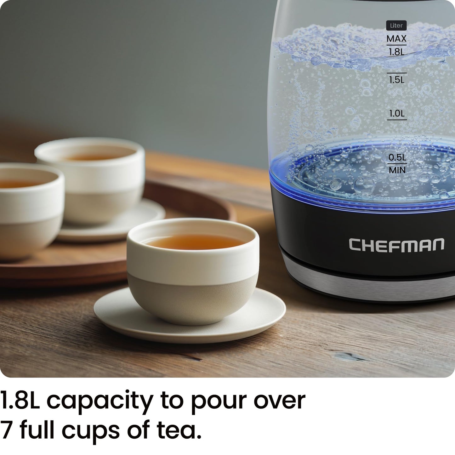 Chefman Electric Kettle, 1.8L 1500W, Hot Water Boiler, Removable Lid for Easy Cleaning, Auto Shut Off, Boil-Dry Protection, Stainless Steel Filter, BPA Free, Borosilicate Glass Electric Tea Kettle - Available at All In One Marketplace Canada