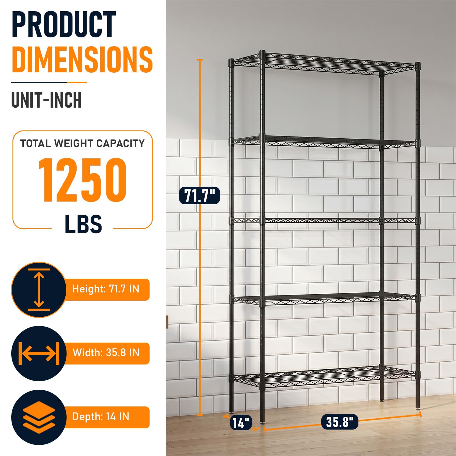 FDW Storage Shelves,Wire Shelving Unit Metal Shelves Heavy Duty Layer Rack Storage Rack Adjustable Utility (Black, 36"x 14"x 72") FDW