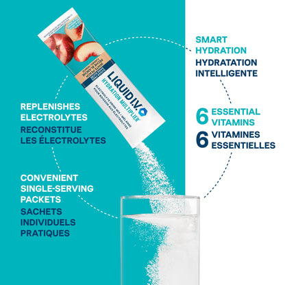 Liquid IV Sugar-Free Electrolyte Drink Mix for enhanced hydration, White Peach with Vitamins B3, B5, B12 and C 60g (18 sticks)
