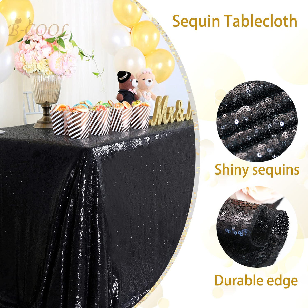 Nappe à paillettes noires B-COOL pour Halloween, chemin de table scintillant rectangulaire de 50x80 pouces pour décorations de table de mariage, anniversaire et bal de fin d'année