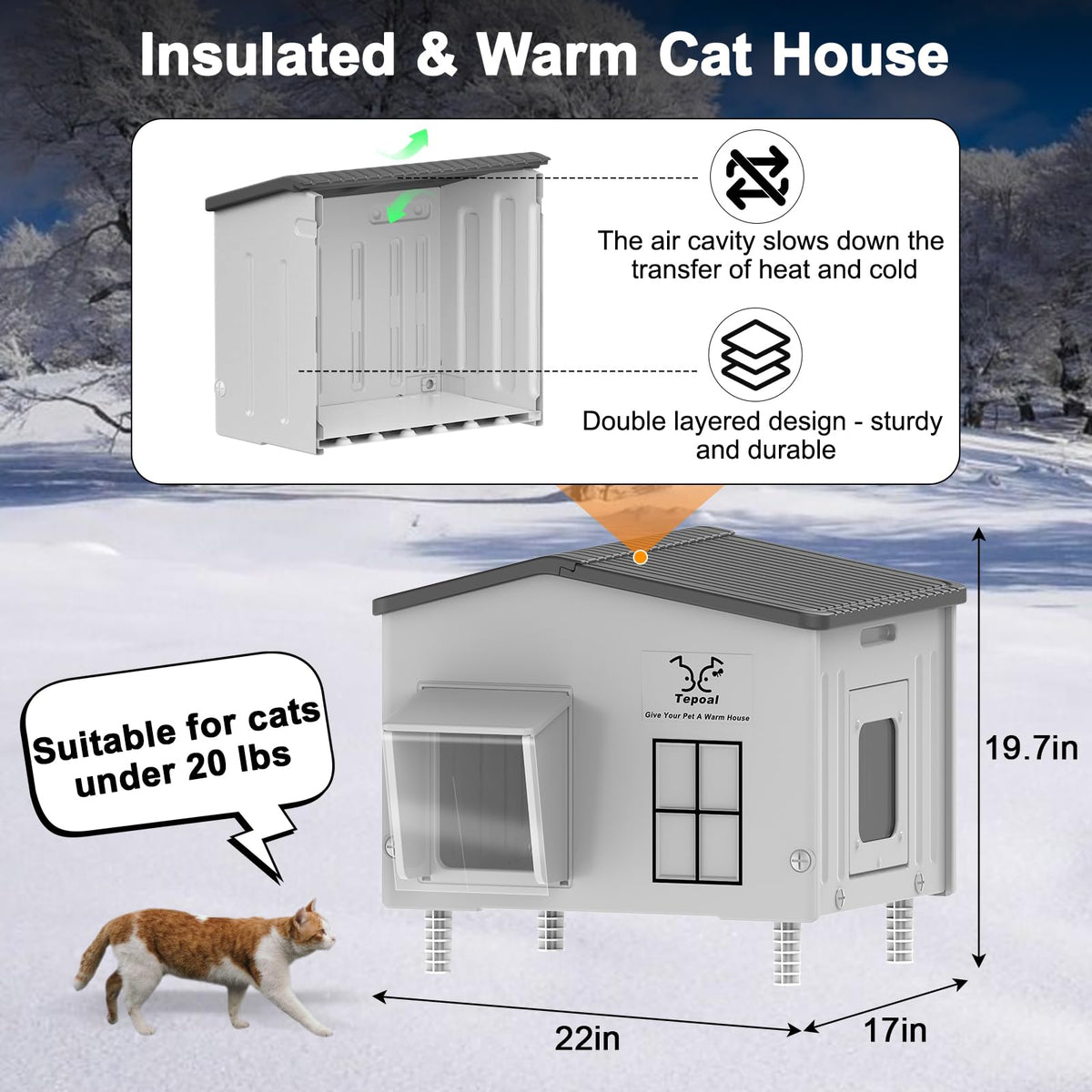 Large Indestructible Heated Cat House for Outside, Extremely Waterproof & Weatherproof Heated Outdoor Cat House for Winter, Fully Insulated Feral Cat Shelter for Barn Cats Strays, 22x17x19.7 in 🍁 All In One Marketplace Canada