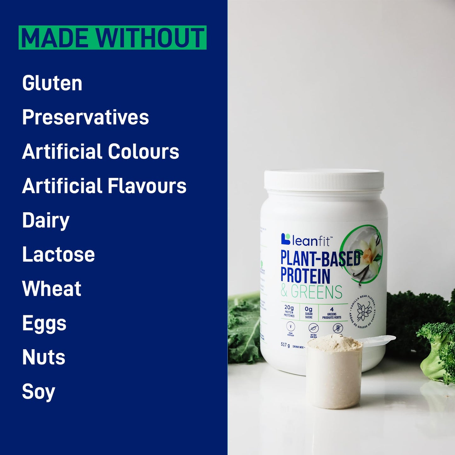 LEANFIT PLANT-BASED PROTEIN & GREENS Natural Vanilla – 20g Plant Protein + 4 Leafy Greens Per Serving – Vegan, Gluten-Free, Soy-Free, No Sugar - 20 Servings, 517g Tub