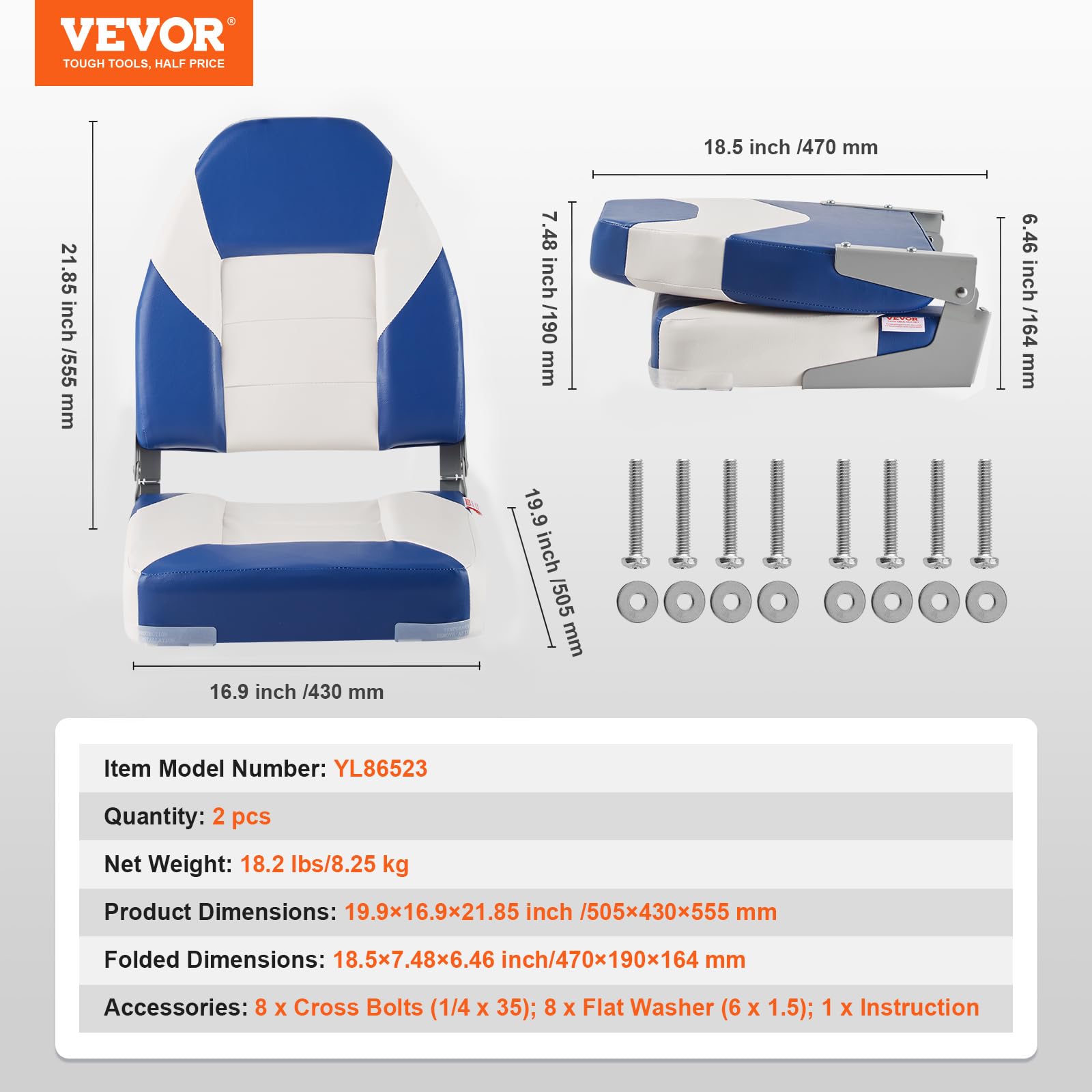 VEVOR High Back Boat Seats, 21.85" Folding Chair with Thickened Sponge Padding and Hinge, Fold-Down Captain Chairs for Fishing, Sightseeing, Speedboat, Canoe, 2-Pack VEVOR