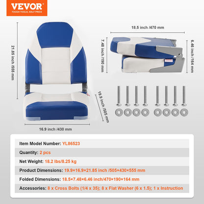 VEVOR High Back Boat Seats, 21.85" Folding Chair with Thickened Sponge Padding and Hinge, Fold-Down Captain Chairs for Fishing, Sightseeing, Speedboat, Canoe, 2-Pack VEVOR