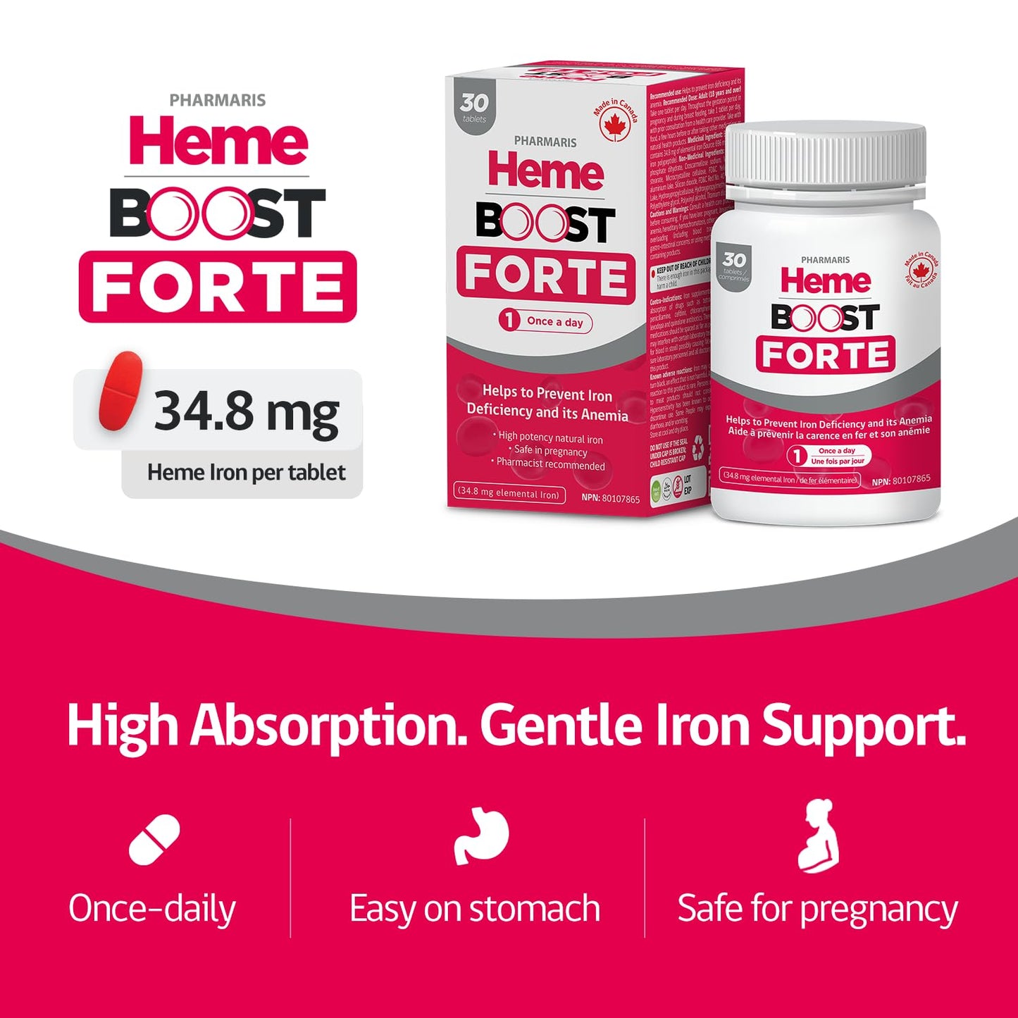 Hemeboost Forte 696 mg Heme Iron Supplements Polypeptide, (34.8 mg Elemental Iron), Prevents Iron Deficiency & Anemia, Better Absorption, Well-Tolerated Formula, Safe for Pregnancy, 30 Tablets - Available at All In One Marketplace Canada
