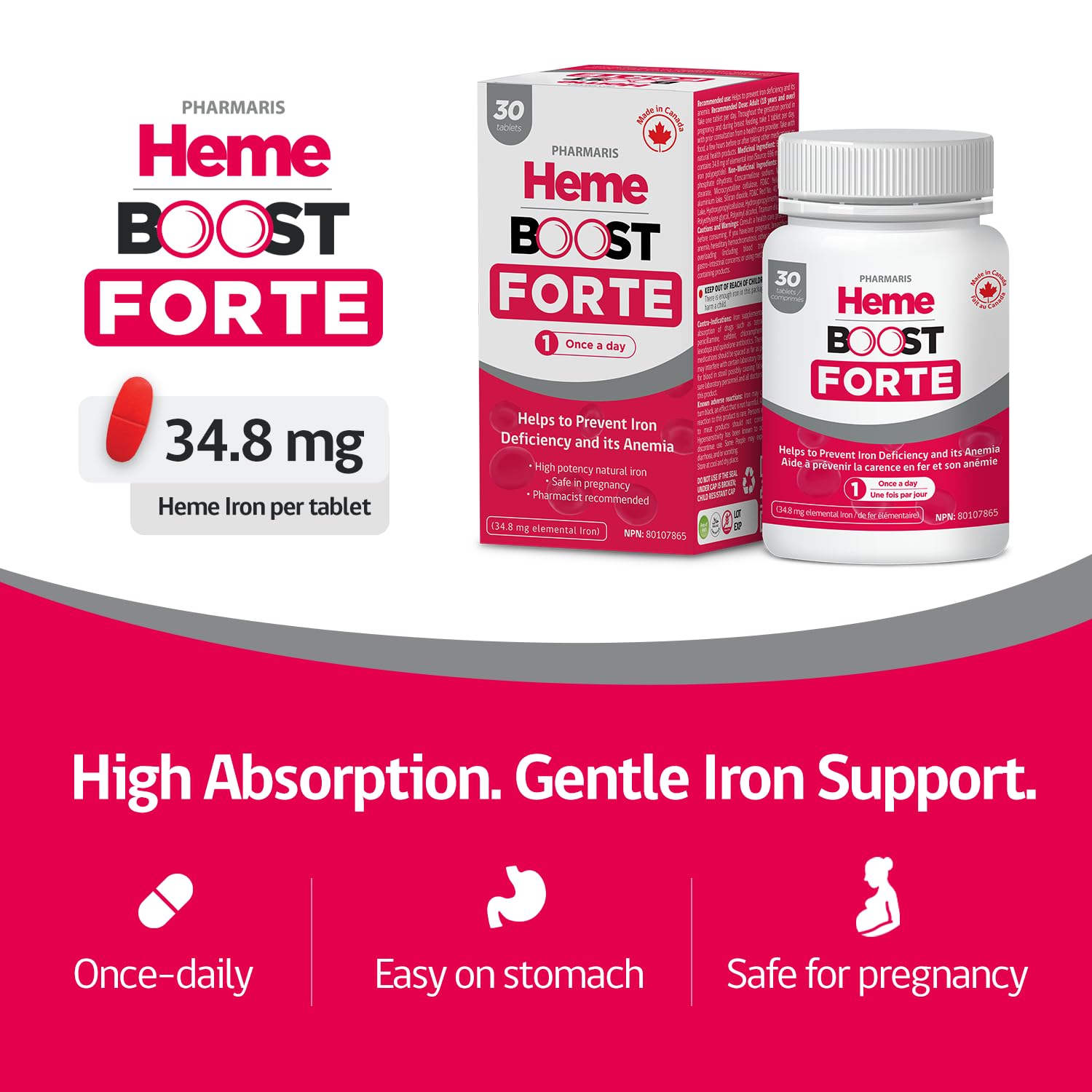 Hemeboost Forte 696 mg Heme Iron Supplements Polypeptide, (34.8 mg Elemental Iron), Prevents Iron Deficiency & Anemia, Better Absorption, Well-Tolerated Formula, Safe for Pregnancy, 30 Tablets - Available at All In One Marketplace Canada