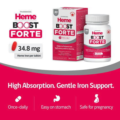 Hemeboost Forte 696 mg Heme Iron Supplements Polypeptide, (34.8 mg Elemental Iron), Prevents Iron Deficiency & Anemia, Better Absorption, Well-Tolerated Formula, Safe for Pregnancy, 30 Tablets - Available at All In One Marketplace Canada
