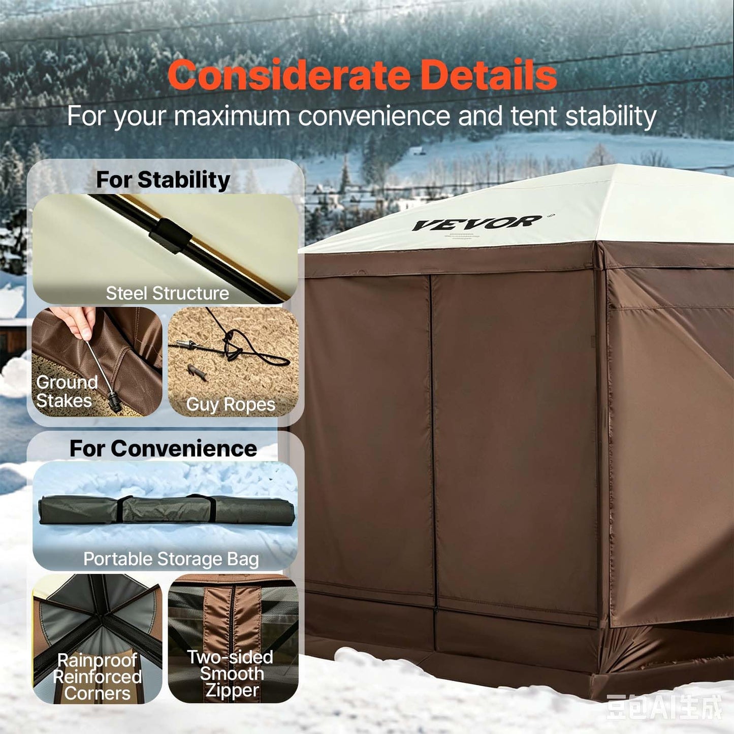 VEVOR Camping Gazebo Tent, 12'x12', 6 Sided Pop-up Canopy Screen Tent for 8 Person Camping, IPX3 Water-Resistant Screen Shelter w/Portable Storage Bag, Ground Stakes, Mesh Windows, Brown & Beige